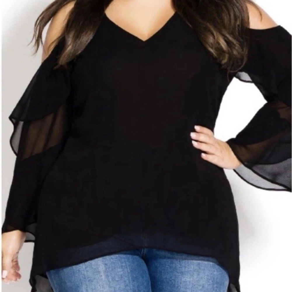City Chic NWT XL/22 Black Hi-Lo‎ Cold Shoulder Ruffle Top, Plus Size